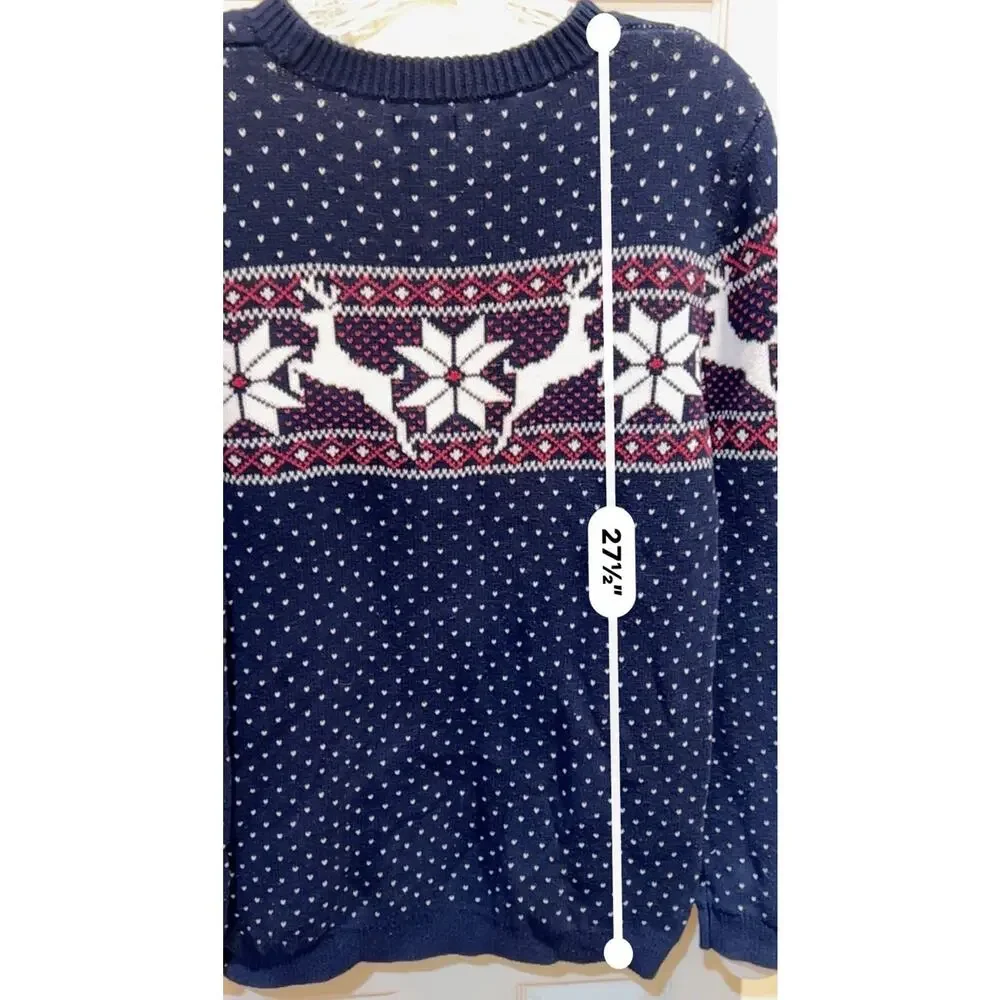 Crown & Ivy Christmas Fair Isle Reindeer Sweater Boys LARGE Navy Blue 100% Cottn